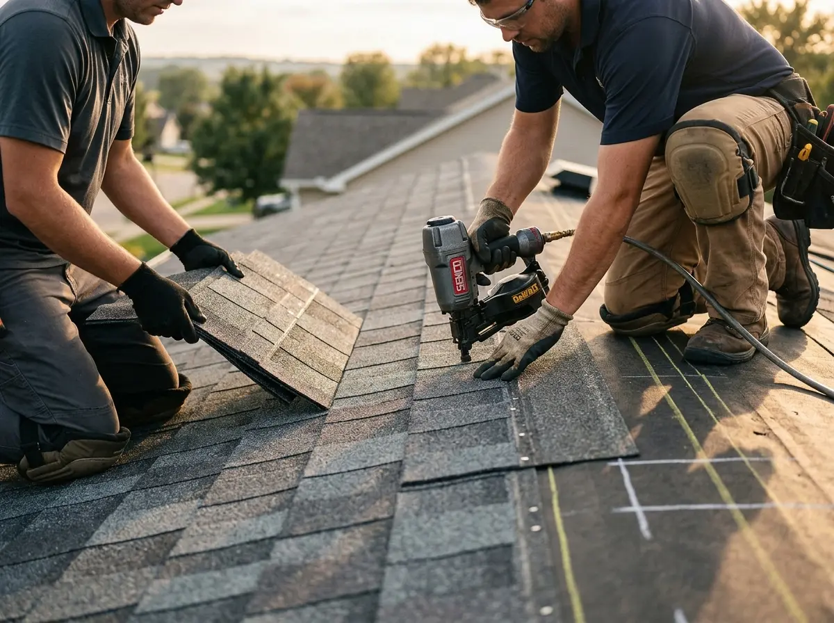Professional roofer working on a residential roof in Georges